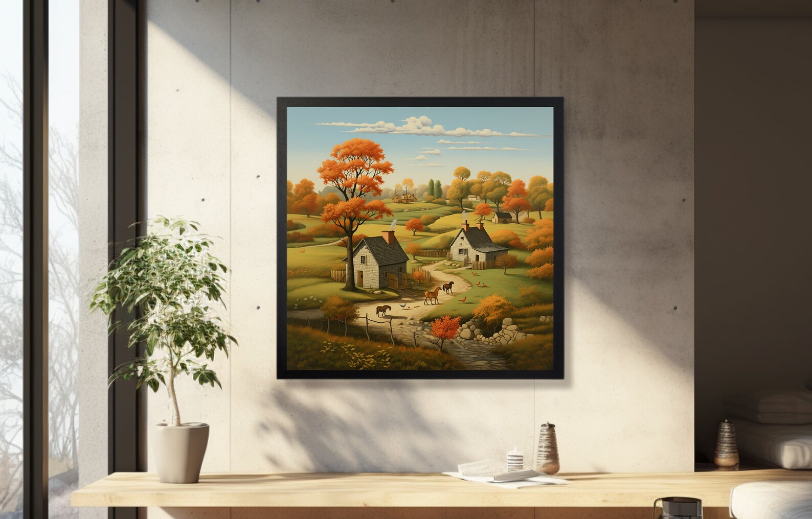 Artful Cottage Art, Horse Farm Wall Art, Painting of Village,cottage