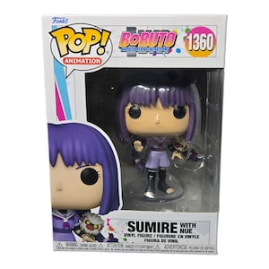 May include: A Funko Pop! Animation figure of Sumire Kakei from the anime Boruto: Naruto Next Generations. The figure is holding a small, purple creature. The figure is in a clear plastic box with a white background. The box has the Funko Pop! logo, the Boruto: Naruto Next Generations logo, and the number 1360.