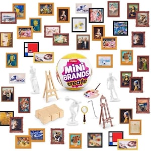 May include: A collection of miniature framed art prints, sculptures, and art supplies, including easels, a palette, and a magnifying glass. A ZURU Mini Brands Create ball is in the center. The art prints feature famous paintings.