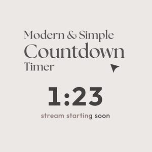 May include: A digital countdown timer graphic with the text "Modern & Simple Countdown Timer." The timer displays "1:23" with the words "stream starting soon" below. The background is a light beige colour.