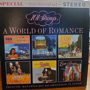 May include: A black and white album cover with the title "101 Strings: A World of Romance". The cover features six smaller images of different scenes, including a Hawaiian beach, a night in the tropics, Paris, Spain, a gypsy scene, and the East of Suez.