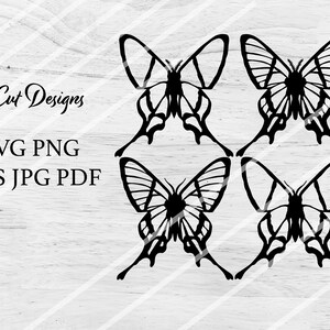 May include: Four black butterfly silhouettes, each with intricate wing patterns, are arranged in a symmetrical pattern against a white woodgrain background. The text "4 Cut Designs" and "SVG PNG EPS JPG PDF" are also included in the image.