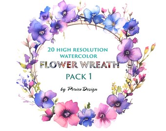 20 watercolor flower wreath cliparts, high-resolution, ideal for weddings and romantic events.