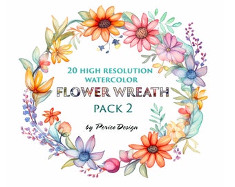 20 watercolor flower wreath clip arts, high-resolution, ideal for weddings and romantic events.