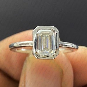 2 CTW Emerald Cut Moissanite Solitaire Ring, 14K White Gold Bezel Set Engagement Ring