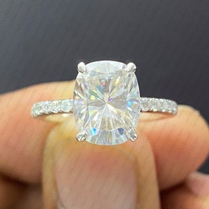 Elongated Cushion Cut Moissanite Engagement Ring: 14K White Gold Hidden Halo