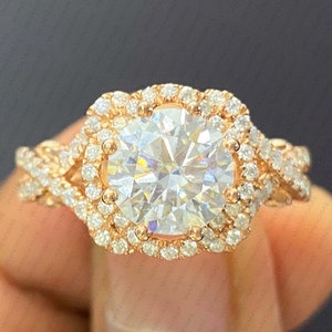 Art Deco Moissanite Engagement Ring: 2.20 CTW Round Cut Sterling Silver Halo
