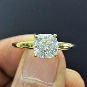 7mm Cushion Cut Moissanite Solitaire Ring: 14K Yellow Gold Engagement Ring