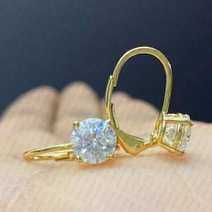 Moissanite Lever Back Earrings: Round Cut Sterling Silver Solitaire