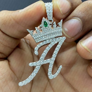 Colgante de moissanita, colgante de nombre de letra del alfabeto inicial "A", letra personalizada de hip hop, colgante de boda chapado en oro blanco de 14K de moissanita