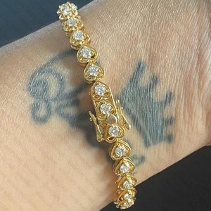 Moissanite Heart Tennis Bracelet: 14K Yellow Gold Plated Sterling Silver