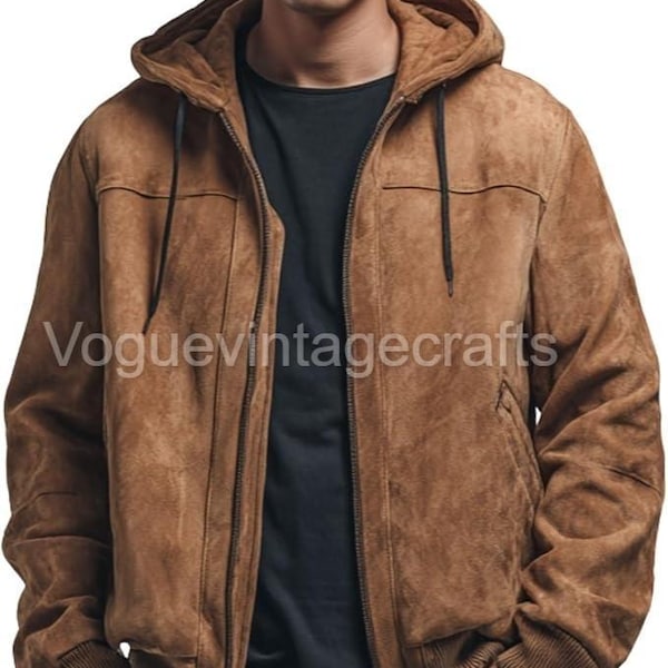 Men’s Camel Brown Suede Bomber Jacket| Genuine Leather Hooded Zip-Up| Handmade Classic Fall Winter Coat| Gift for Him, Casual Men's Fashion