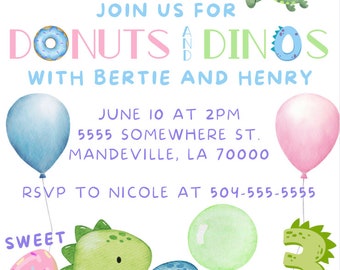 May include: A colorful invitation for a birthday party with the theme "Donuts and Dinos". The invitation features donuts, dinosaurs, and balloons. The text on the invitation reads "Join us for Donuts and Dinos with Bertie and Henry. June 10 at 2pm. 5555 Somewhere St. Mandeville, LA 70000. RSVP to Nicole at 504-555-5555."