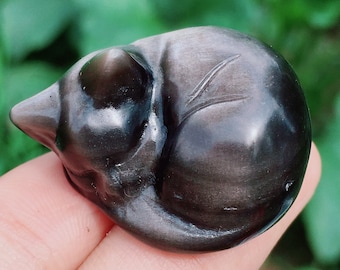2“ Natural Silver Obsidian Carved Mini Sleeping Cat,Crystal Cat,Creative Crystal Carving,Home Decor,Crystal Home Decor,Crystal gift