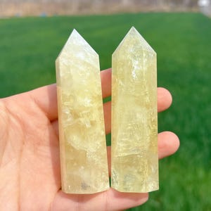 May include: Two yellow quartz crystal towers with pointed tops. The crystals are held in a hand, with a green grassy background. The crystals have a translucent appearance and a light yellow color.