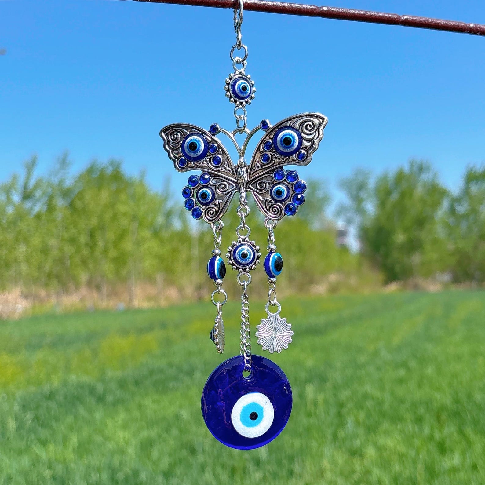 Blue Butterfly Evil Eye Hanging,eye of the Devil Wind Chime,ornament
