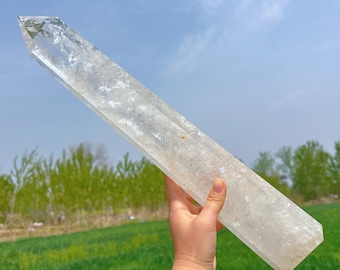 Obelisco de cuarzo transparente natural de 44 cm, torre de cristal de cuarzo, torre de cristal grande, espécimen mineral, punta de varita de cristal, varita mágica curativa, regalo, roca