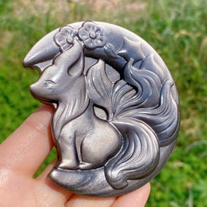 Natural Silver Obsidian Fox,Quartz Crystal Nine-tailed Fox,Crystal Moon Fox,Mineral Sample,Crystal Animal,Reiki Healing,Gift,Home Decor,Rock