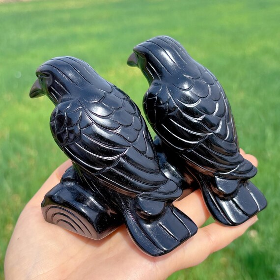 天然黒曜石カラス、水晶カラス、水晶鳥、鉱物標本、レイキヒーリング