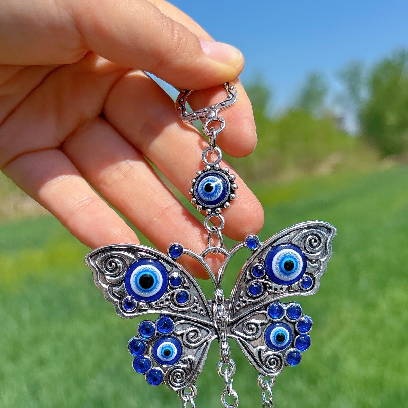 Blue Butterfly Evil Eye Hanging,eye of the Devil Wind Chime,ornament
