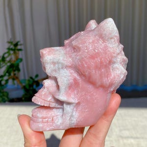 May include: A pink and white carved skull made of rose quartz. The skull is carved in detail and has a realistic look.