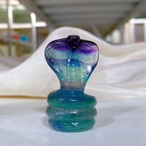 May include: A multi-coloured fluorite crystal carved into the shape of a cobra. The crystal is a mix of green, blue, purple, and white.