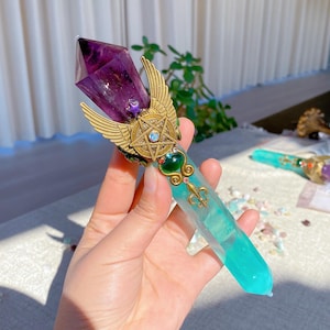 8.5“ Natural Amethyst+Fluorite Magic Wand Cosplay Magic Wand For Witches,Home Decoration,Healing Crystal,Crystal Gifts,Crystal Energy
