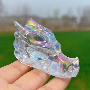 2.7&quot; Rainbow Aura Dragon Skull,Titanium Rainbow Quartz Dragon,Crystal Dragon,Crystal Energy,Decor,Crystal Gift,Reiki Heal,Crystal Animal