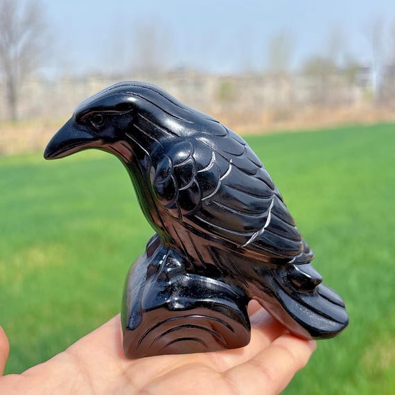 天然黒曜石カラス、水晶カラス、水晶鳥、鉱物標本、レイキヒーリング