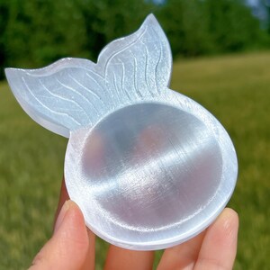 May include: A clear, whale tail-shaped selenite crystal. The crystal is translucent with visible striations and a smooth, polished surface. The tail fin is detailed with etched lines. The background is blurred green grass.