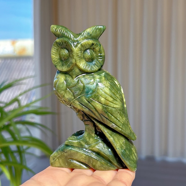 Búho de jade Hsiuyen natural de 4,3", búho de cristal de cuarzo, espécimen mineral, energía cristalina, decoración del hogar, regalo de cristal, sanación Reiki, animal de cristal, roca