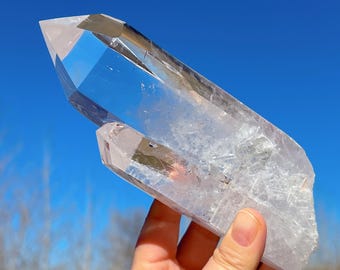 Obelisco de cuarzo transparente natural de 750 g, torre de cristal de cuarzo, torre de cristal grande, espécimen mineral, punta de varita de cristal, varita mágica curativa, regalos