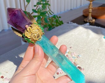 8.5“ Natural Amethyst+fluorite Magic Wand Cosplay Magic Wand for