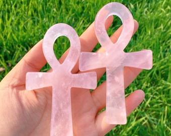 4.1" Natural Rose Quartz Crystal Ankh,Hand Carved Ankh,Ankh Totem,Reiki Healing,Collection,Crystal Gifts,Home Decoration