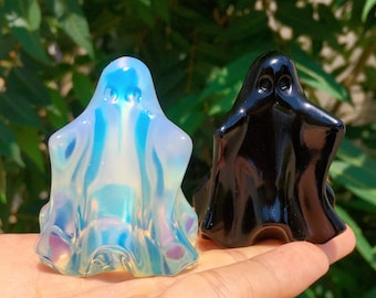 Hand Carved Opalite/Obsidian Ghost Skull,Quartz Crystal Ghost,Crystal Sculpture,Mineral Specimen,Home Decoration,Reiki Healing,Crystal Gifts