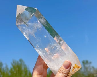 Obelisco de cuarzo transparente natural de 890 g, torre de cristal de cuarzo, gran torre de cristal, espécimen mineral, punta de varita de cristal, varita mágica curativa, regalos