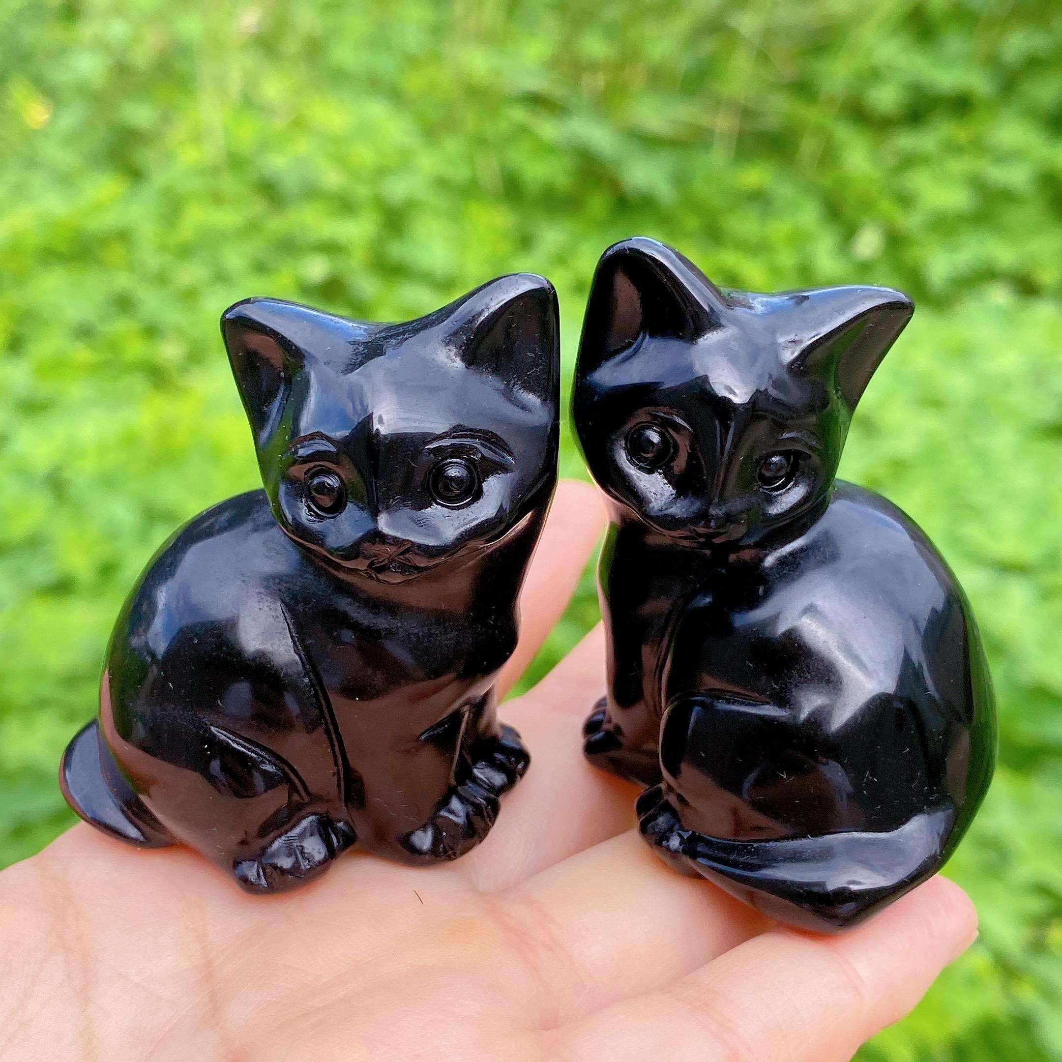 ペア天然水晶猫、黒曜石猫、レイキヒーリング、エネルギークリスタル 