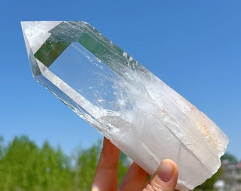 Obelisco de cuarzo transparente natural de 1,1 kg, torre de cristal de cuarzo, torre de cristal grande, espécimen mineral, punta de varita de cristal, varita mágica curativa, regalos