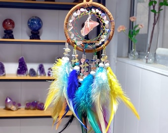Natural Crystal Hand-made Dreamcatcher Wind chime,Hand knitting Wind chime,Quartz Gravel wind bell,Energy Crystal Gift,Healing Home Decor