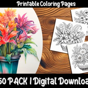 May include: A set of 50 printable coloring pages featuring detailed black and white illustrations of flower arrangements in vases. The text "50 PACK | Digital Download" is at the bottom of the image.