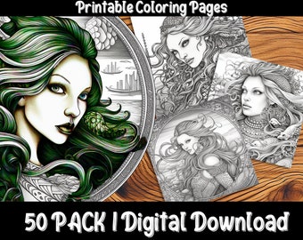 Mystical Sea Sirens Adult Coloring Pages - Pack of 50, Digital Download