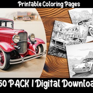 Könnte beinhalten: Ein Set mit 50 druckbaren Malvorlagen mit klassischen und modernen Autos. Das Bild zeigt ein rotes Auto aus den 1930er Jahren, ein schwarzes Muscle-Car und einen silbernen Sportwagen. Der Text "50 PACK | Digitaler Download" befindet sich am unteren Rand des Bildes.