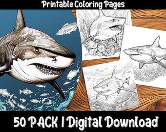 May include: Digital download of printable coloring pages featuring sharks. The image shows a detailed illustration of a shark with a blue background and several black and white shark coloring pages. Text at the bottom reads "50 PACK I Digital Download."