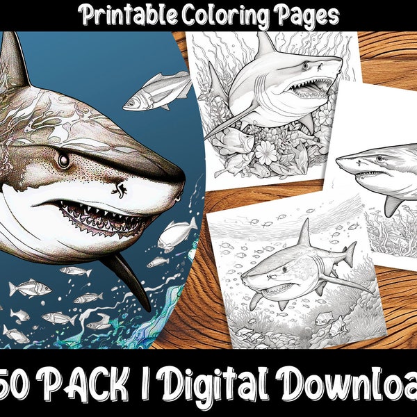 Shark Infested Waters Adult Coloring Pages - Pack of 50, Digital Download