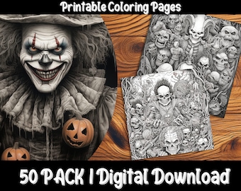 Puede incluir: Una descarga digital de 50 páginas para colorear imprimibles con temas de Halloween espeluznantes y espeluznantes. La imagen muestra un payaso aterrador con una calabaza y una página para colorear detallada de una calavera con otros personajes espeluznantes.