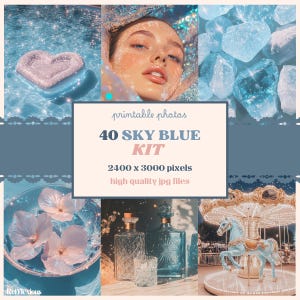 kit estético azul celeste VSCO girl impressões de colagem de parede decoração de quarto minimalista download digital espaços serenos e elegantes fotos para impressão PNG