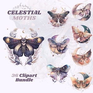 Aquarell himmlische Motte Clipart Bundle, Fantasie Clipart, mystisch, wunderlich, magisch, Sterne und Galaxie, png Format, sofort-Download