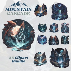 Watercolor Mountain waterfall clipart bundle, mountain, waterfall, starry sky, mountain river, forest, river fall, nature, trees, dark, png