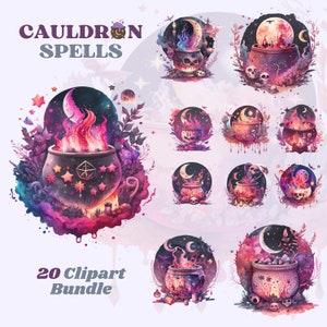 Paquete de imágenes prediseñadas de caldero de brujas de acuarela, imágenes prediseñadas de brujería, imágenes prediseñadas de magia, imágenes prediseñadas de fantasía, caldero, calavera, gótico, Halloween