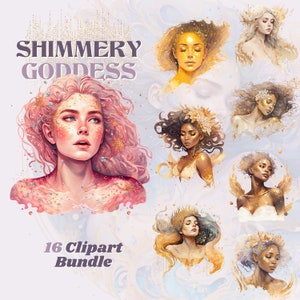 Watercolor shimmery goddess clipart bundle, celestial clipart, fantasy clipart, mystery, magical, goddess clipart, beauty, instant download